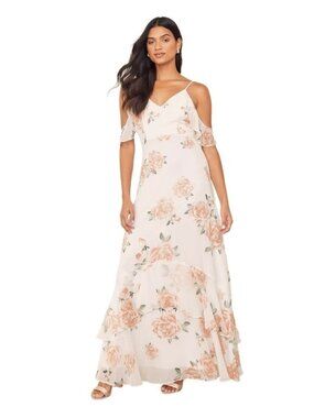 Lulus Ivory Floral Chiffon Maxi Dress Size‎ XS
